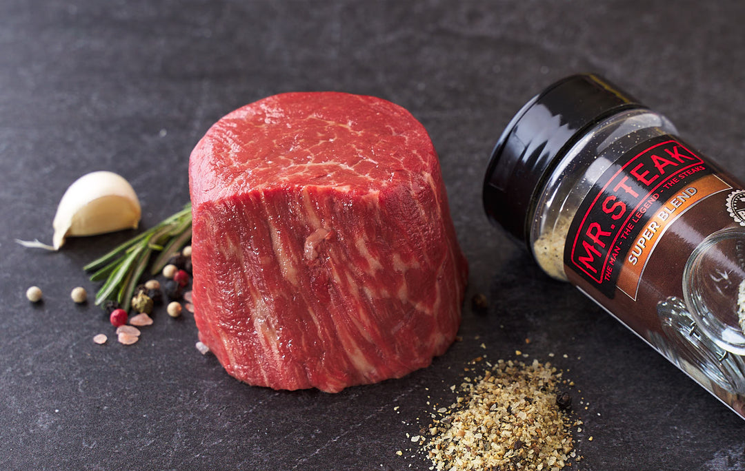 Richly marbled filet mignon with Mr. Steak's Super Blend seasoning